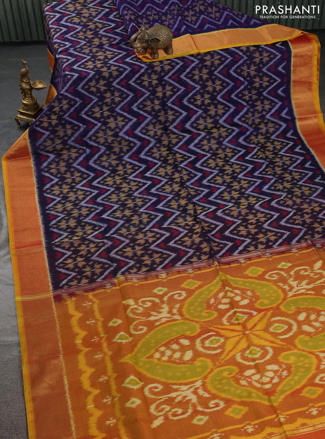 Ikat silk cotton saree navy blue and yellow with allover ikat weaves and zari woven border
