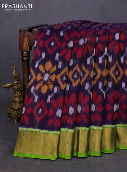 Ikat silk cotton saree navy blue and light green with allover ikat weaves and zari woven border