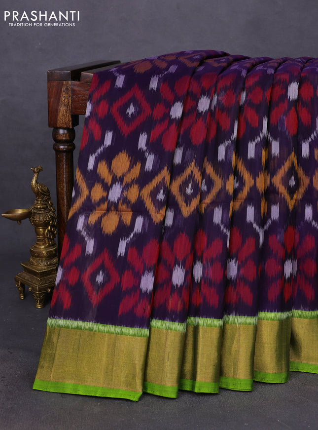 Ikat silk cotton saree navy blue and light green with allover ikat weaves and zari woven border