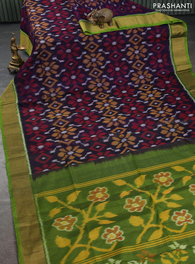 Ikat silk cotton saree navy blue and light green with allover ikat weaves and zari woven border