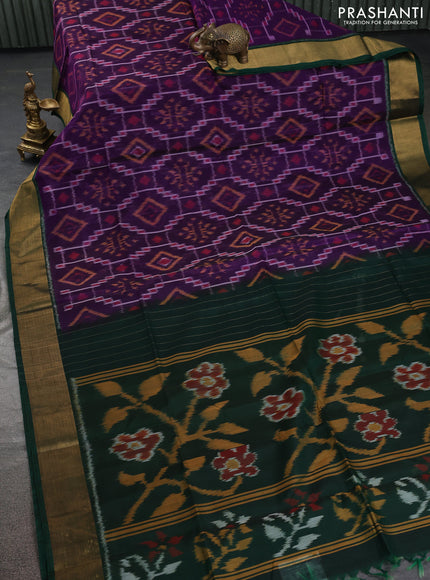 Ikat silk cotton saree deep violet and green with allover ikat weaves and zari woven border