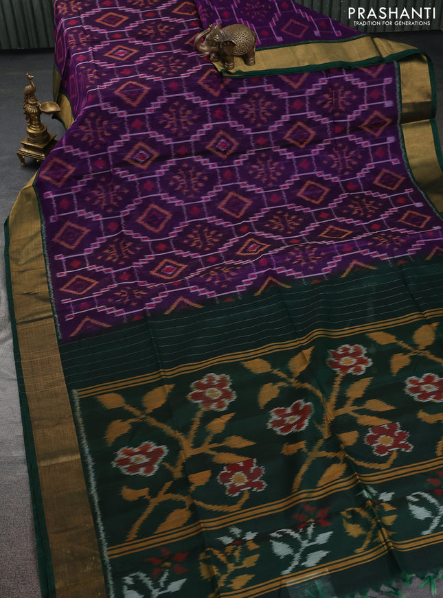 Ikat silk cotton saree deep violet and green with allover ikat weaves and zari woven border