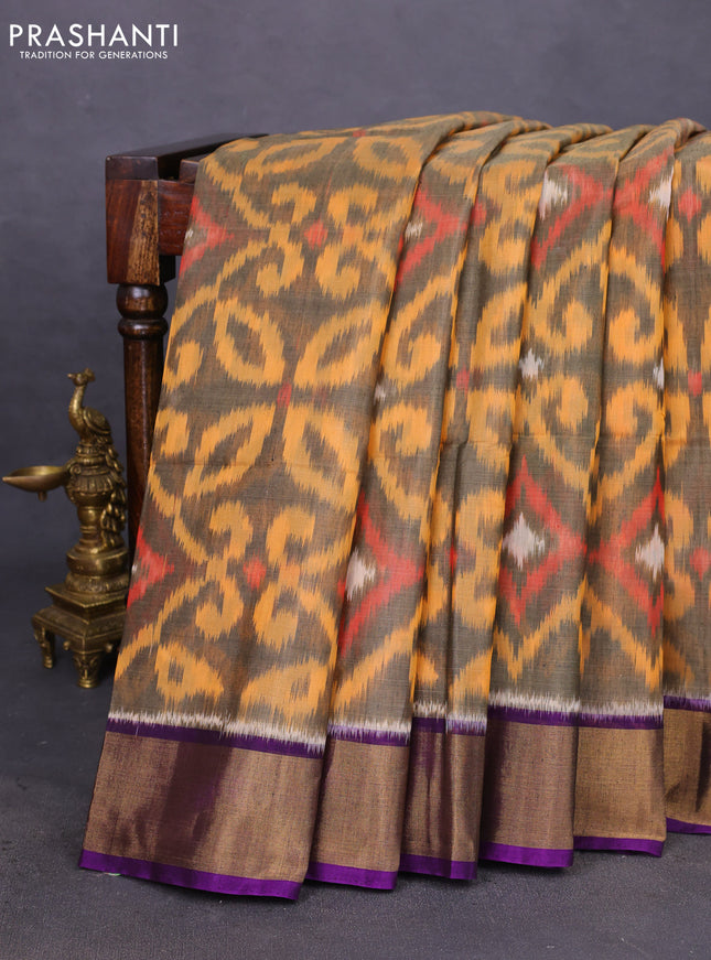 Ikat silk cotton saree grey and violet with allover ikat weaves and zari woven border