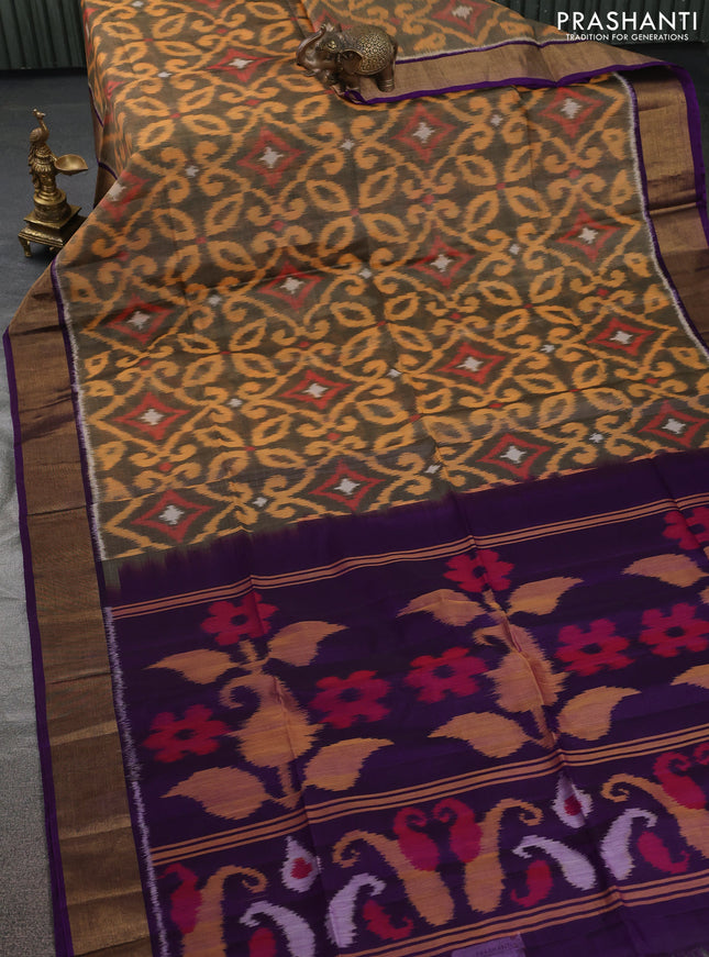 Ikat silk cotton saree grey and violet with allover ikat weaves and zari woven border