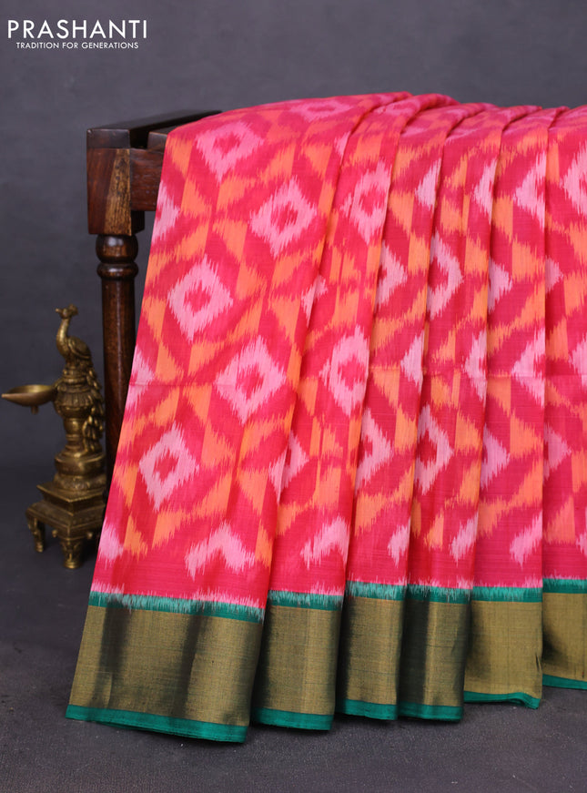 Ikat silk cotton saree pink and green with allover ikat weaves and zari woven border