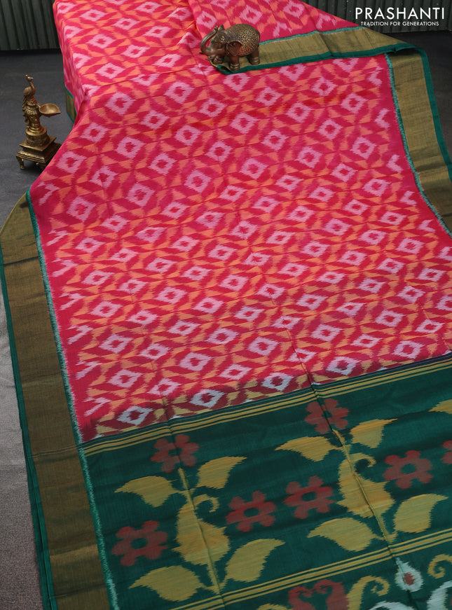 Ikat silk cotton saree pink and green with allover ikat weaves and zari woven border