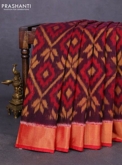 Ikat silk cotton saree coffee brown and red with allover ikat weaves and zari woven border