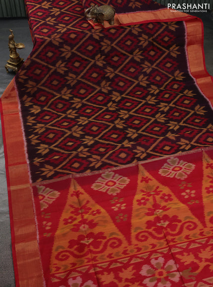 Ikat silk cotton saree coffee brown and red with allover ikat weaves and zari woven border