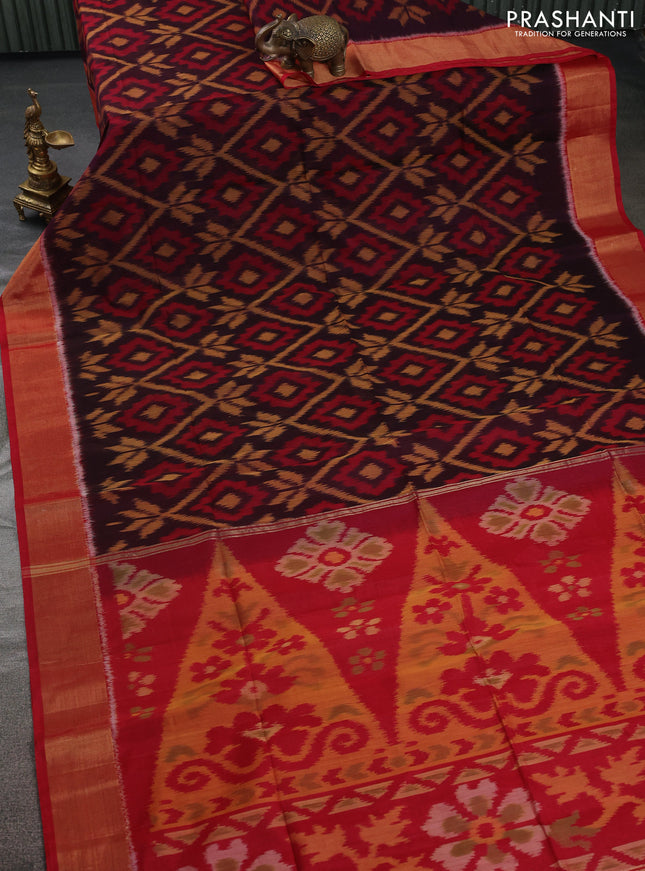 Ikat silk cotton saree coffee brown and red with allover ikat weaves and zari woven border