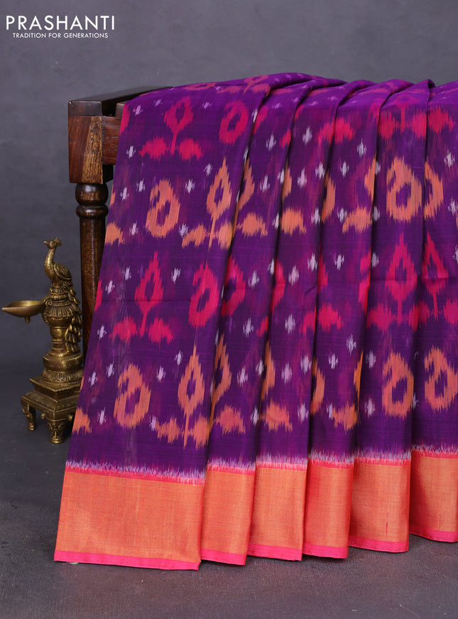Ikat silk cotton saree violet and pink with allover ikat weaves and zari woven border