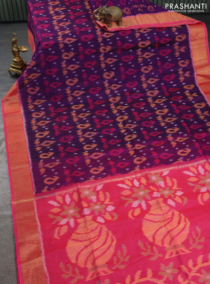 Ikat silk cotton saree violet and pink with allover ikat weaves and zari woven border