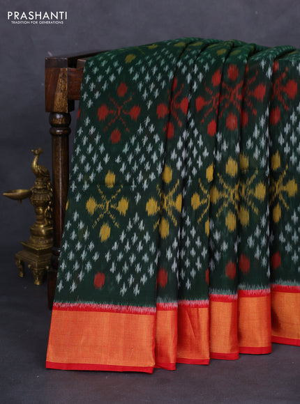 Ikat silk cotton saree green and red with allover ikat weaves and zari woven border