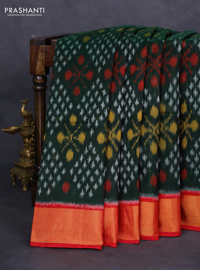 Ikat silk cotton saree green and red with allover ikat weaves and zari woven border