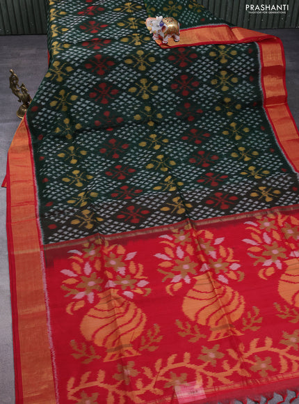 Ikat silk cotton saree green and red with allover ikat weaves and zari woven border