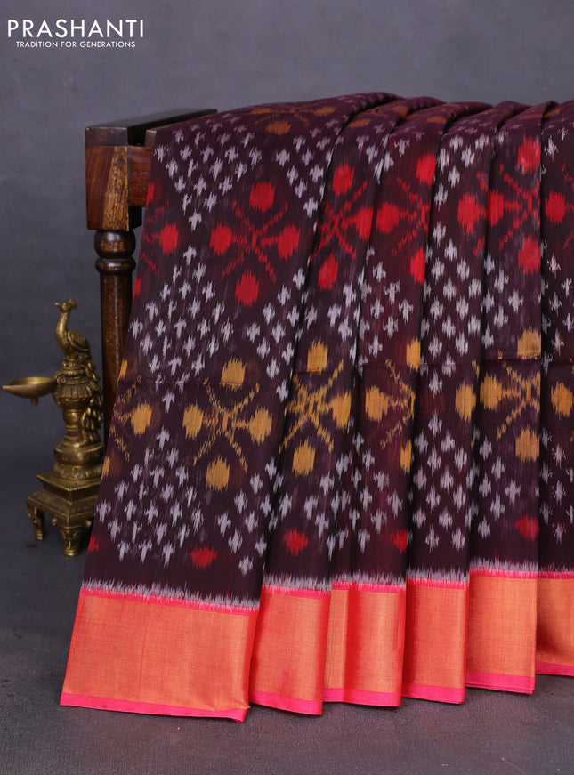 Ikat silk cotton saree deep coffee brown and pink with allover ikat weaves and zari woven border