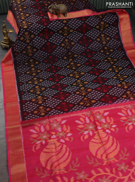 Ikat silk cotton saree deep coffee brown and pink with allover ikat weaves and zari woven border