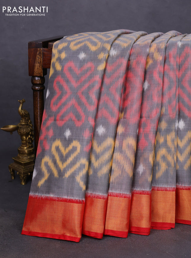Ikat silk cotton saree grey and red with allover ikat weaves and zari woven border