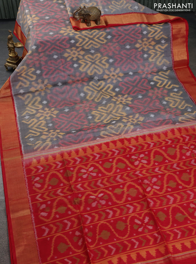 Ikat silk cotton saree grey and red with allover ikat weaves and zari woven border