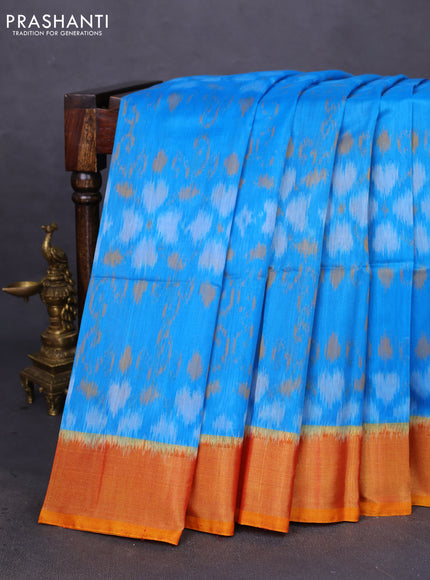 Ikat silk cotton saree cs blue and sunset orange with allover ikat weaves and zari woven border