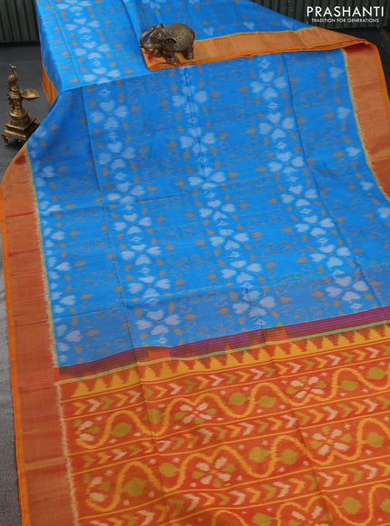 Ikat silk cotton saree cs blue and sunset orange with allover ikat weaves and zari woven border