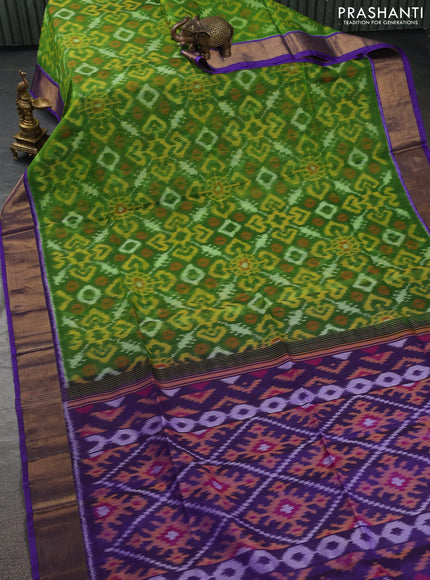 Ikat silk cotton saree light green and violet with allover ikat weaves and zari woven border