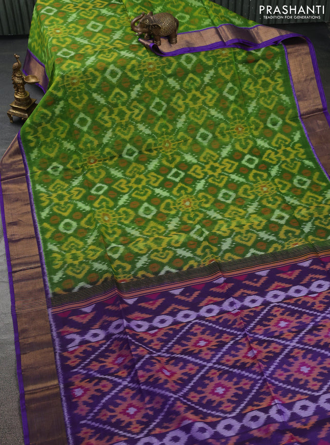 Ikat silk cotton saree light green and violet with allover ikat weaves and zari woven border