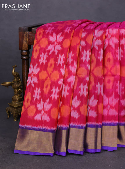 Ikat silk cotton saree pink and violet with allover ikat weaves and zari woven border