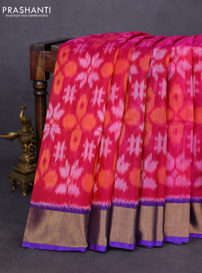 Ikat silk cotton saree pink and violet with allover ikat weaves and zari woven border