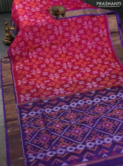 Ikat silk cotton saree pink and violet with allover ikat weaves and zari woven border