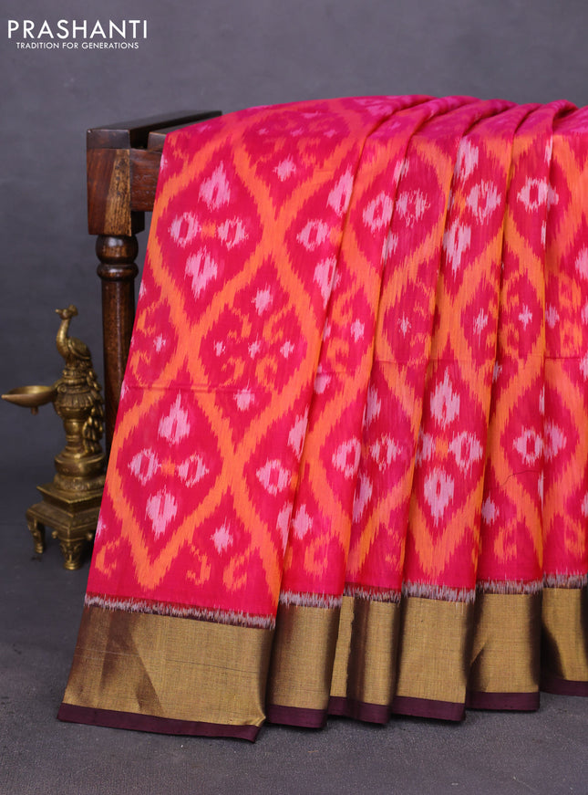 Ikat silk cotton saree pink and wine shade with allover ikat weaves and zari woven border