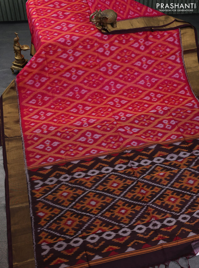 Ikat silk cotton saree pink and wine shade with allover ikat weaves and zari woven border
