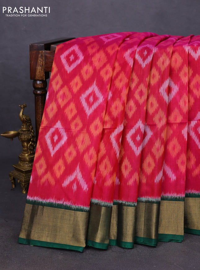 Ikat silk cotton saree pink and green with allover ikat weaves and zari woven border