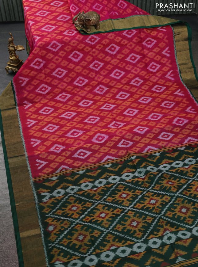 Ikat silk cotton saree pink and green with allover ikat weaves and zari woven border