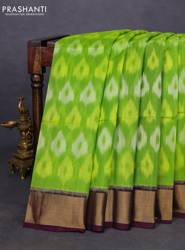 Ikat silk cotton saree light green and brown with allover ikat weaves and zari woven border
