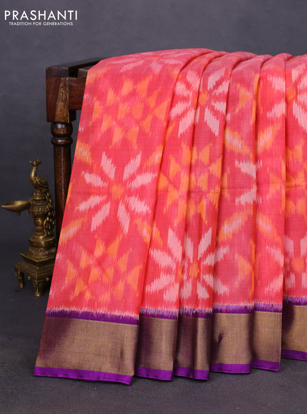 Ikat silk cotton saree peach orange and violet with allover ikat weaves and zari woven border