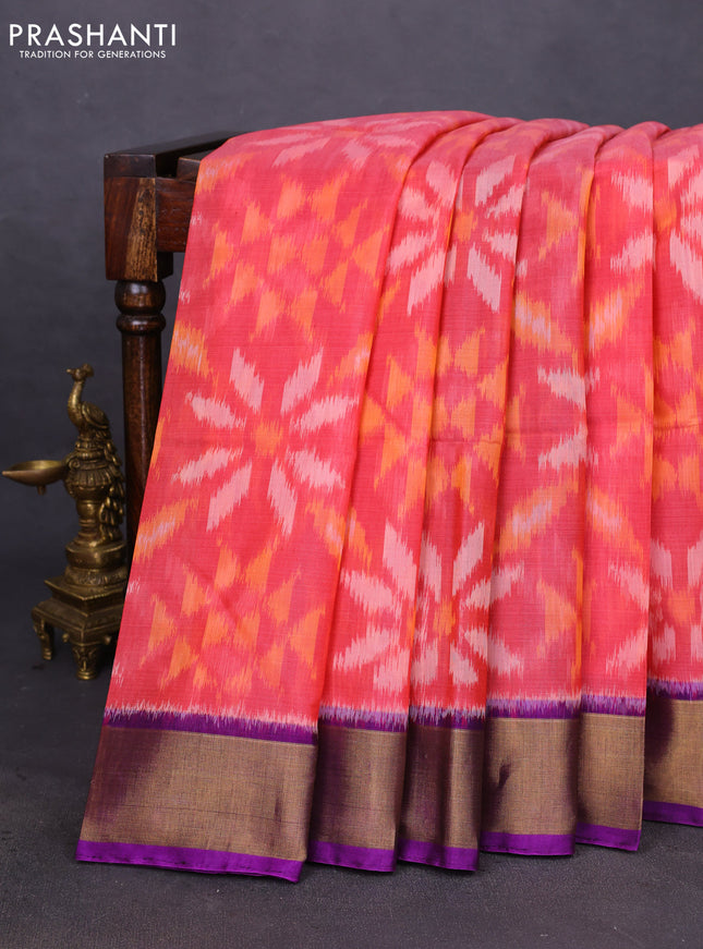 Ikat silk cotton saree peach orange and violet with allover ikat weaves and zari woven border