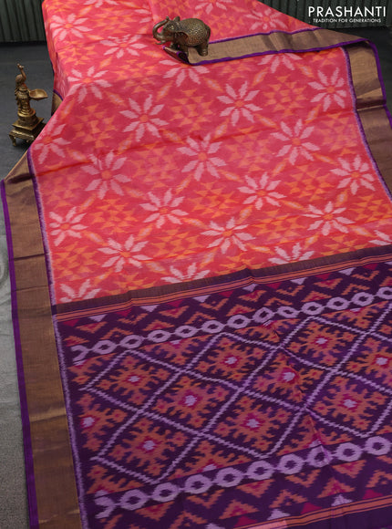 Ikat silk cotton saree peach orange and violet with allover ikat weaves and zari woven border