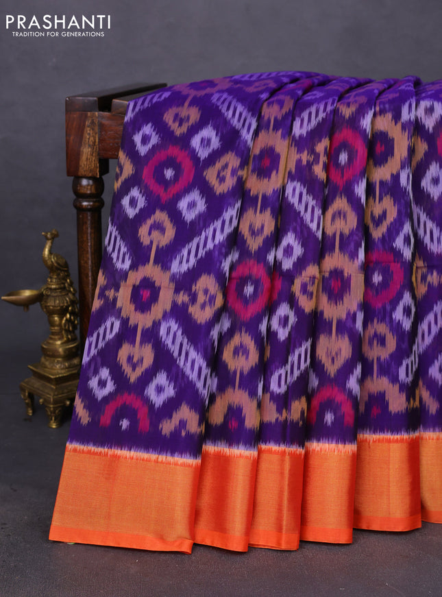 Ikat silk cotton saree blue and sunset orange with allover ikat weaves and zari woven border