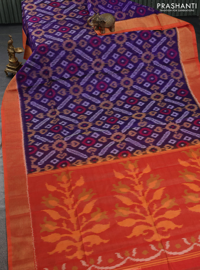 Ikat silk cotton saree blue and sunset orange with allover ikat weaves and zari woven border