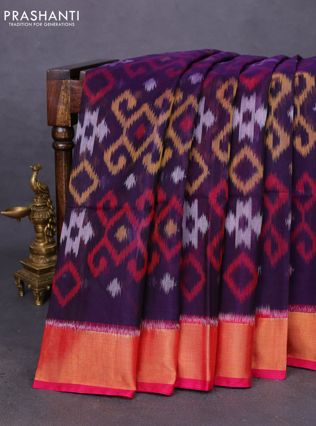 Ikat silk cotton saree navy blue and pink with allover ikat weaves and zari woven border