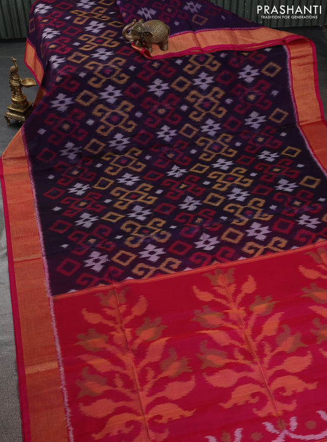 Ikat silk cotton saree navy blue and pink with allover ikat weaves and zari woven border