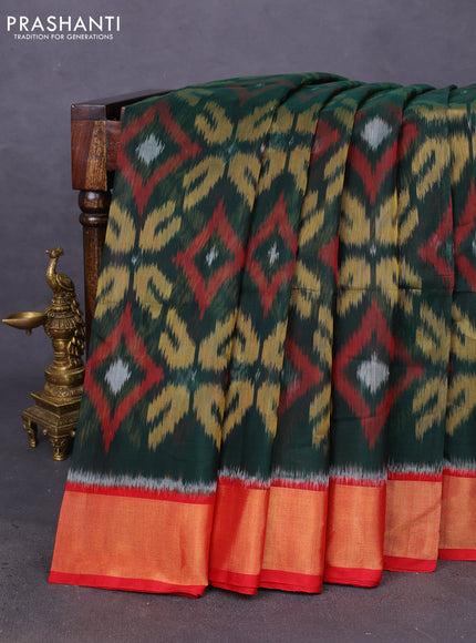 Ikat silk cotton saree green and red with allover ikat weaves and zari woven border