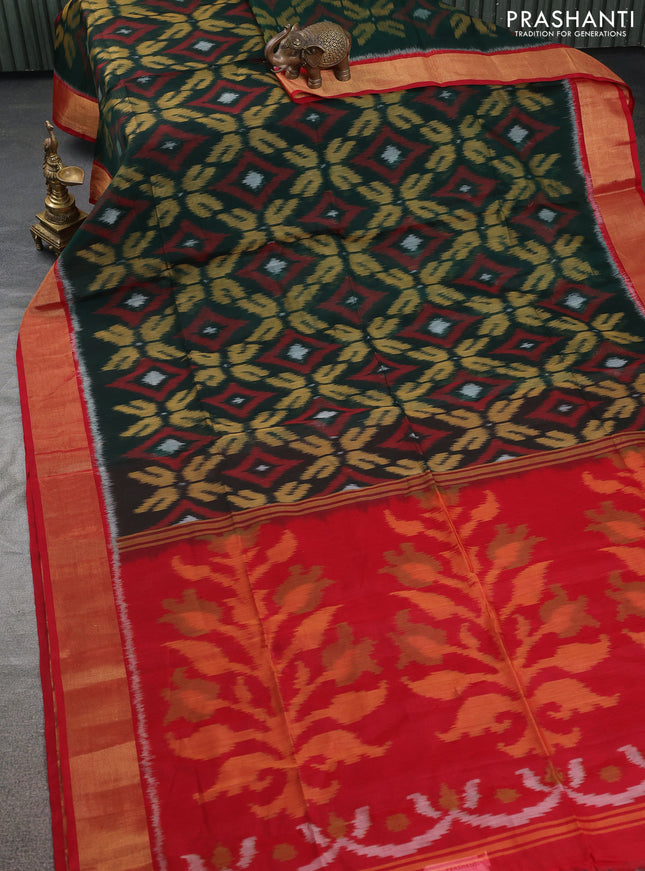 Ikat silk cotton saree green and red with allover ikat weaves and zari woven border