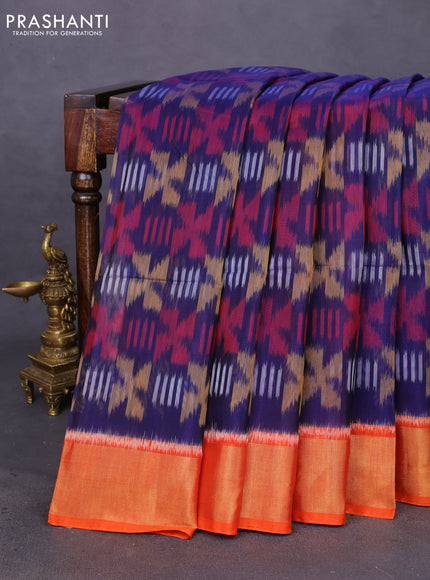 Ikat silk cotton saree blue and orange with allover ikat weaves and zari woven border