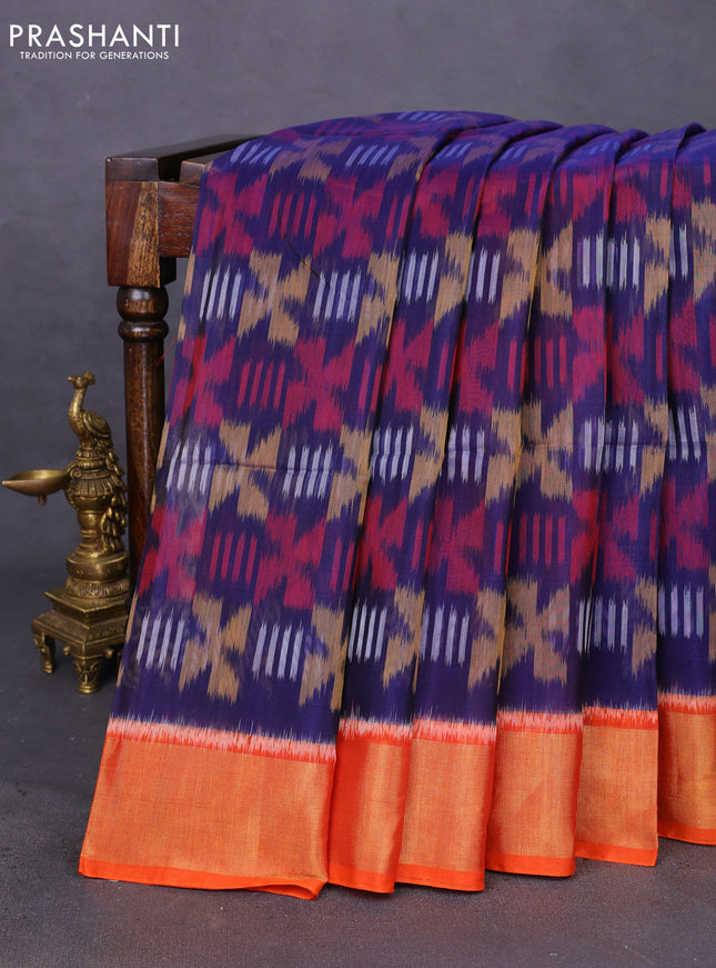 Ikat silk cotton saree blue and orange with allover ikat weaves and zari woven border