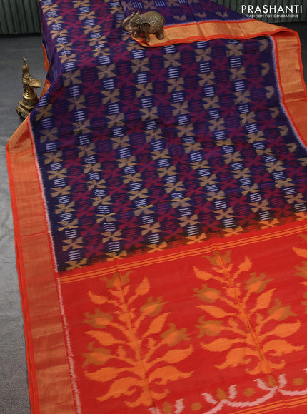Ikat silk cotton saree blue and orange with allover ikat weaves and zari woven border