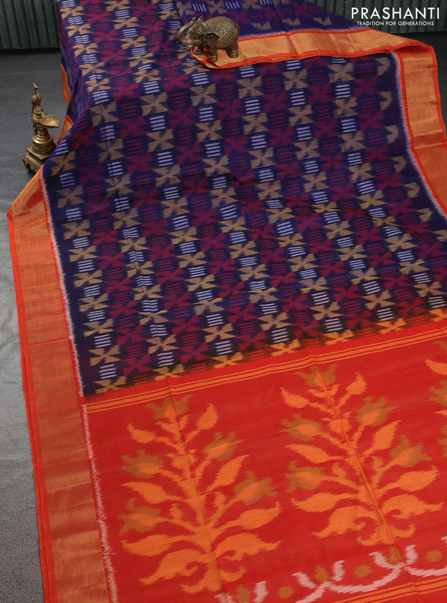 Ikat silk cotton saree blue and orange with allover ikat weaves and zari woven border