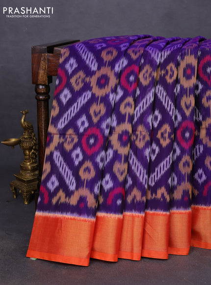 Ikat silk cotton saree blue and orange with allover ikat weaves and zari woven border