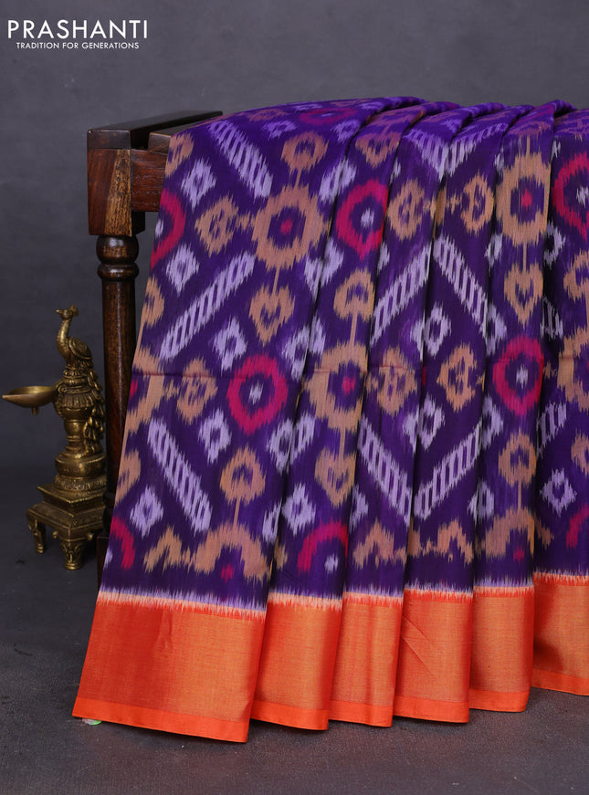 Ikat silk cotton saree blue and orange with allover ikat weaves and zari woven border