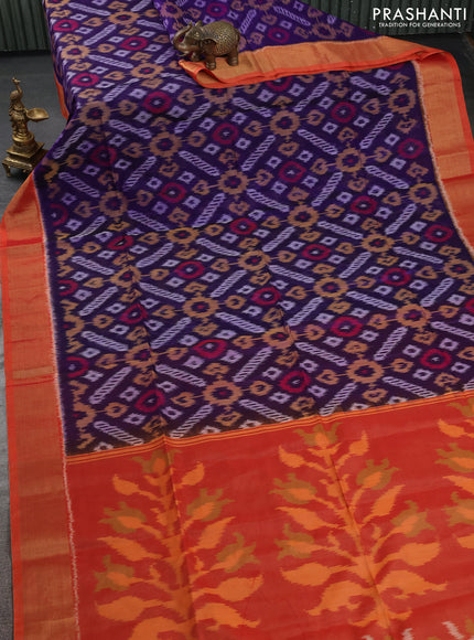 Ikat silk cotton saree blue and orange with allover ikat weaves and zari woven border